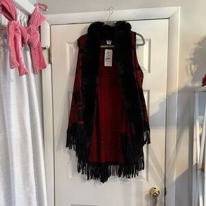 NWT Red and Black Fringe Vest with Faux Fur Trim